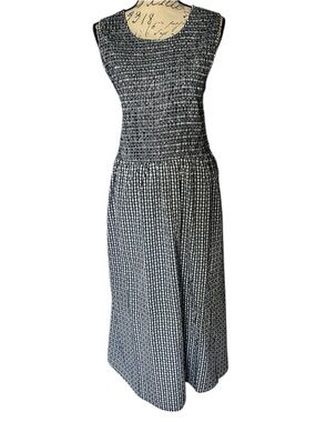 New Draper James Sleeveless Navy & White Smocked Bodice Gingham Dress w/ pockets